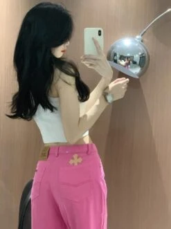 Pink Cross Embroidered Jeans | Ryujin - ITZY -Diva s Closet Ryujin ITZY Pink Cross Embroidered Jeans 5 600x804 1