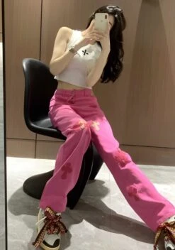 Pink Cross Embroidered Jeans | Ryujin - ITZY -Diva s Closet Ryujin ITZY Pink Cross Embroidered Jeans 8 600x856 1
