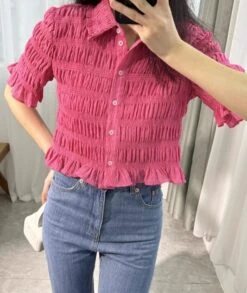 Pink Wrinkled Crop Shirt | Ryujin - ITZY -Diva s Closet Ryujin ITZY Pink Wrinkled Crop Shirt 14 600x711 1