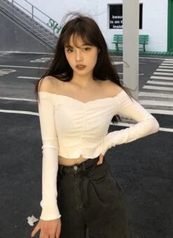 White Long Sleeve Lettuce Crop Top | Sana - Twice -Diva s Closet Sana Twice White Long Sleeve Lettuce Top 1 e1643634119232