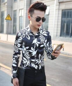 Black Pineapple And Flower Printed Shirt | Sehun-EXO -Diva s Closet Sehun EXO Black Pineapple and Flower Printed Long Sleeved Shirt 2 600x719 1