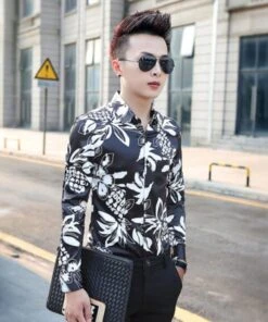 Black Pineapple And Flower Printed Shirt | Sehun-EXO -Diva s Closet Sehun EXO Black Pineapple and Flower Printed Long Sleeved Shirt 5 600x719 1