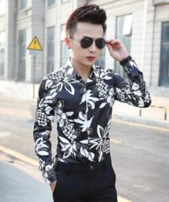 Black Pineapple And Flower Printed Shirt | Sehun-EXO -Diva s Closet Sehun EXO Black Pineapple and Flower Printed Long Sleeved Shirt 6 600x719 1
