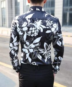 Black Pineapple And Flower Printed Shirt | Sehun-EXO -Diva s Closet Sehun EXO Black Pineapple and Flower Printed Long Sleeved Shirt 7 600x719 1
