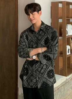 Black Long Sleeve Bandana Shirt | Seonghwa - ATEEZ -Diva s Closet Seonghwa ATEEZ Black Long Sleeve Bandana Shirt 1 1 600x825 1