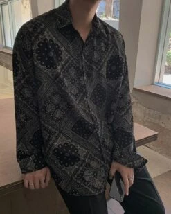 Black Long Sleeve Bandana Shirt | Seonghwa - ATEEZ -Diva s Closet Seonghwa ATEEZ Black Long Sleeve Bandana Shirt 3 600x750 1