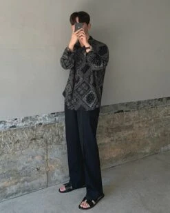 Black Long Sleeve Bandana Shirt | Seonghwa - ATEEZ -Diva s Closet Seonghwa ATEEZ Black Long Sleeve Bandana Shirt 5 600x750 1