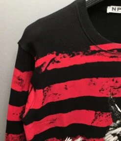 Red And Black Striped Dove Sweatshirt | Seonghwa - ATEEZ -Diva s Closet Seonghwa ATEEZ Red And Black Striped Dove Sweatshirt 16 600x701 1