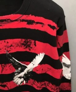 Red And Black Striped Dove Sweatshirt | Seonghwa - ATEEZ -Diva s Closet Seonghwa ATEEZ Red And Black Striped Dove Sweatshirt 23 600x730 1