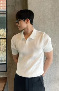 White Knit Short Sleeved Polo Shirt | Seungkwan - Seventeen -Diva s Closet Seungkwan White Knit Short Sleeved Polo Shirt 6