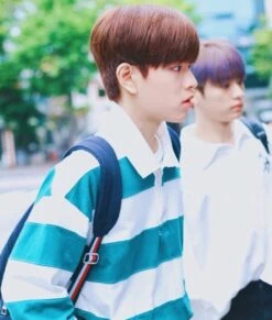 Green Retro Stripe Long Sleeve Polo Shirt | Seungmin - Stray Kids -Diva s Closet Seungmin Retro Stripe Long Sleeve Shirt Inspiration 2 600x708 1
