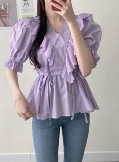 Lilac Ruffled Lace Blouse | Shuhua - (G)I-DLE 17 Lilac Ruffled Lace Blouse | Shuhua - (G)I-DLE -Diva s Closet Shuhua Lilac Ruflled Lace Blouse 2 600x811 1