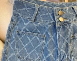 Blue Patterned Square Pocket Jeans | Sihyeon - Everglow -Diva s Closet Sihyeon Everglow Blue Patterned Square Pocket Jeans 3 600x480 1