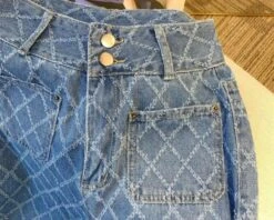 Blue Patterned Square Pocket Jeans | Sihyeon - Everglow -Diva s Closet Sihyeon Everglow Blue Patterned Square Pocket Jeans 6 600x480 1