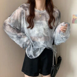 Grey Tie Dye Mesh Long Sleeves Top | Siyeon - Dreamcatcher -Diva s Closet Siyeon Dreamcatcher Grey Tie Dye Mesh Long Sleeves Top 2 600x600 1