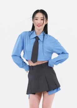 Blue Cropped Button-Up Shirt | SuA - Dreamcatcher -Diva s Closet Sua Dreamcatcher Blue Cropped Button Up Shirt 1