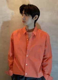 Orange Button-Up Single Pocket Shirt | Sunghoon - Enhypen -Diva s Closet Sunghoon Enhypen Orange Button Up Single Pocket Shirt 1 600x834 1