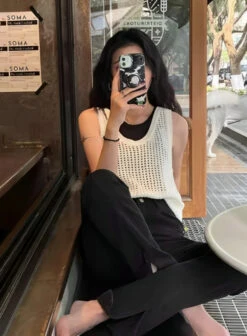 White Hollowed Knitted Sleeveless Top | Taeyong - NCT -Diva s Closet Taeyong NCT White Hollowed Knitted Sleeveless Top 11 600x815 1