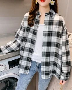 White And Black Plaid Shirt | Taehyun - TXT -Diva s Closet White And Black Plaid Shirt Taehyun TXT 6