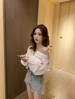 White Asymmetrical Off Shoulder Blouse | Nayeon - Twice -Diva s Closet White Asymmetrical Off Shoulder Blouse Nayeon Twice 12 600x795 1