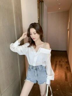 White Asymmetrical Off Shoulder Blouse | Nayeon - Twice -Diva s Closet White Asymmetrical Off Shoulder Blouse Nayeon Twice 16 600x801 1