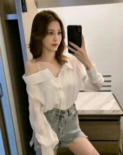 White Asymmetrical Off Shoulder Blouse | Nayeon - Twice -Diva s Closet White Asymmetrical Off Shoulder Blouse Nayeon Twice 2