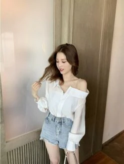 White Asymmetrical Off Shoulder Blouse | Nayeon - Twice -Diva s Closet White Asymmetrical Off Shoulder Blouse Nayeon Twice 3 600x796 1
