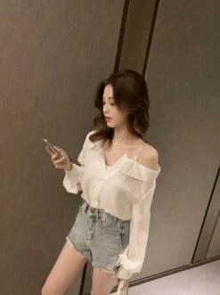 White Asymmetrical Off Shoulder Blouse | Nayeon - Twice -Diva s Closet White Asymmetrical Off Shoulder Blouse Nayeon Twice 4 600x803 1