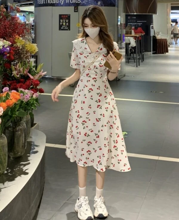 White Cherry Print Dress | Jeongyeon - Twice 4 White Cherry Print Dress | Jeongyeon - Twice - Image 2