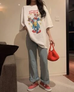 White Clown Print Oversized T-Shirt | Beomgyu - TXT -Diva s Closet White Clown Print Oversized T Shirt Beomgyu TXT 15 600x745 1