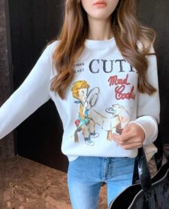 White Cutie Boy And Cat Print Sweatshirt | Jimin - BTS -Diva s Closet White Cutie Boy And Cat Print Sweatshirt Jimin BTS 4