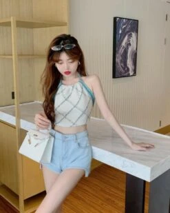 White Diamond Pattern Halter Top | Jihyo - Twice -Diva s Closet White Diamond Pattern Halter Top Jihyo Twice 8 600x750 1