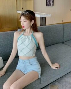 White Diamond Pattern Halter Top | Jihyo - Twice -Diva s Closet White Diamond Pattern Halter Top Jihyo Twice 9 600x750 1