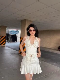 White Drawstrings Low Neckline Top | Kazuha - Le Sserafim