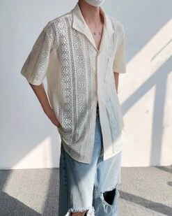 White Lace Button-Down Short Sleeves Shirt | Mingi - ATEEZ -Diva s Closet White Lace Butto Down Short Sleeves Shirt Mingi ATEEZ 2
