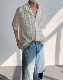 White Lace Button-Down Short Sleeves Shirt | Mingi - ATEEZ -Diva s Closet White Lace Butto Down Short Sleeves Shirt Mingi ATEEZ 4