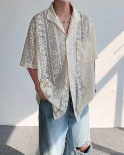 White Lace Button-Down Short Sleeves Shirt | Mingi - ATEEZ -Diva s Closet White Lace Butto Down Short Sleeves Shirt Mingi ATEEZ 8