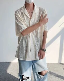 White Lace Button-Down Short Sleeves Shirt | Mingi - ATEEZ -Diva s Closet White Lace Butto Down Short Sleeves Shirt Mingi ATEEZ 9