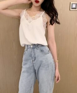 White Lace-Trimmed Camisole | Rose - BlackPink -Diva s Closet White Lace Trimmed Camisole Rose BlackPink 3 600x729 1