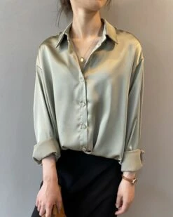 White Loose Satin Shirt | Joshua - Seventeen -Diva s Closet White Loose Satin Shirt Joshua Seventeen green 3 600x750 1