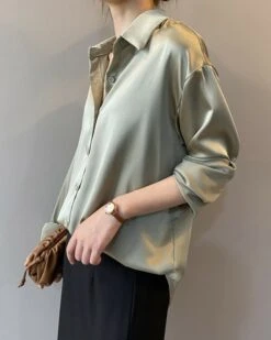 White Loose Satin Shirt | Joshua - Seventeen -Diva s Closet White Loose Satin Shirt Joshua Seventeen green 4 600x750 1