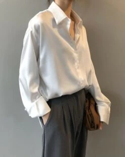 White Loose Satin Shirt | Joshua - Seventeen -Diva s Closet White Loose Satin Shirt Joshua Seventeen white 2 600x750 1