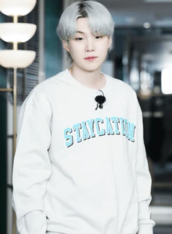 White "Staycation" Sweatshirt | Suga - BTS -Diva s Closet White Staycation Sweatshirt Suga BTS 6