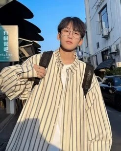 White Striped Oversized Collared Shirt | Jaehyuk - Treasure -Diva s Closet White Striped Oversized Shirt Jaehyuk Treasure 1 600x750 1