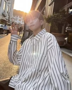 White Striped Oversized Collared Shirt | Jaehyuk - Treasure -Diva s Closet White Striped Oversized Shirt Jaehyuk Treasure 3 600x750 1
