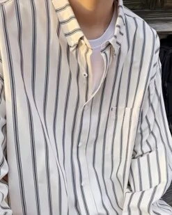 White Striped Oversized Collared Shirt | Jaehyuk - Treasure -Diva s Closet White Striped Oversized Shirt Jaehyuk Treasure 4 600x751 1