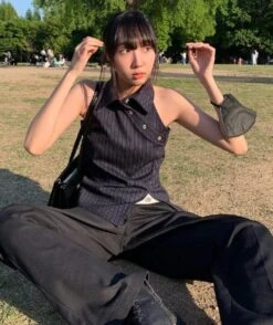 Black Front-Slit Striped Top | Winter - Aespa