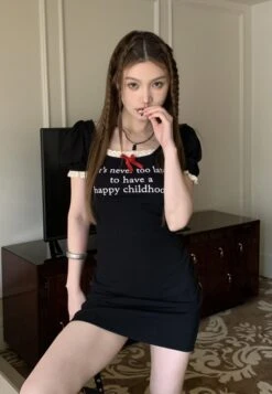 Black 'It's Not Too Late' Puff Sleeve Dress | Winter - Aespa