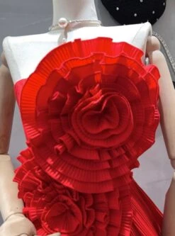 Red Flower Embellished Ruffled Dress | Winter - Aespa -Diva s Closet Winter Aespa Red Flower Embellished Ruffled Dress 4