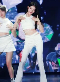 White Criss-Cross Waist Flared Pants | Wonyoung - IVE -Diva s Closet Wonyoung White Criss Cross Waist Flared Pants Inspiration 2 scaled e1681285329715 600x810 1